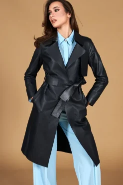 Donna D'Arienzo Sienna - Cappotto in pelle blu scuro nappa effetto liscio con cintura