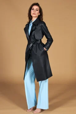 Donna D'Arienzo Sienna - Cappotto in pelle blu scuro nappa effetto liscio con cintura