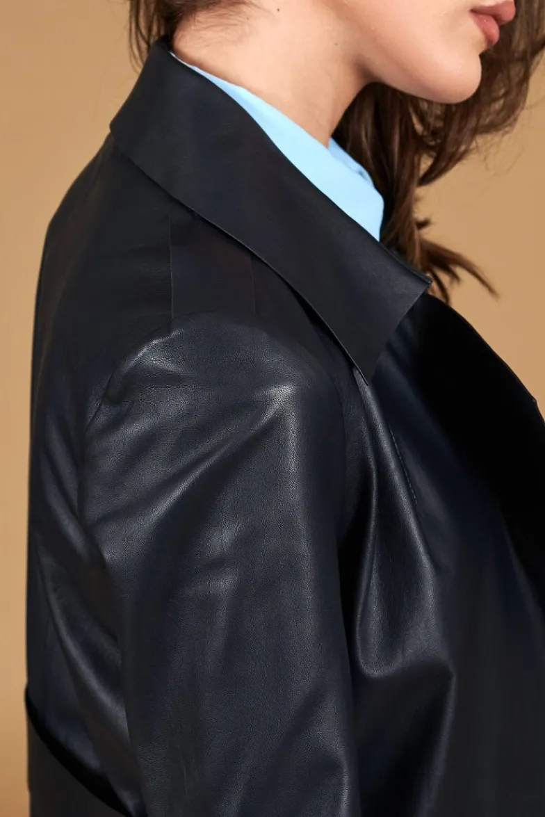 Donna D'Arienzo Sienna - Cappotto in pelle blu scuro nappa effetto liscio con cintura