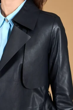 Donna D'Arienzo Sienna - Cappotto in pelle blu scuro nappa effetto liscio con cintura