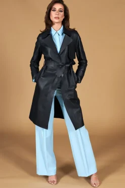 Donna D'Arienzo Sienna - Cappotto in pelle blu scuro nappa effetto liscio con cintura