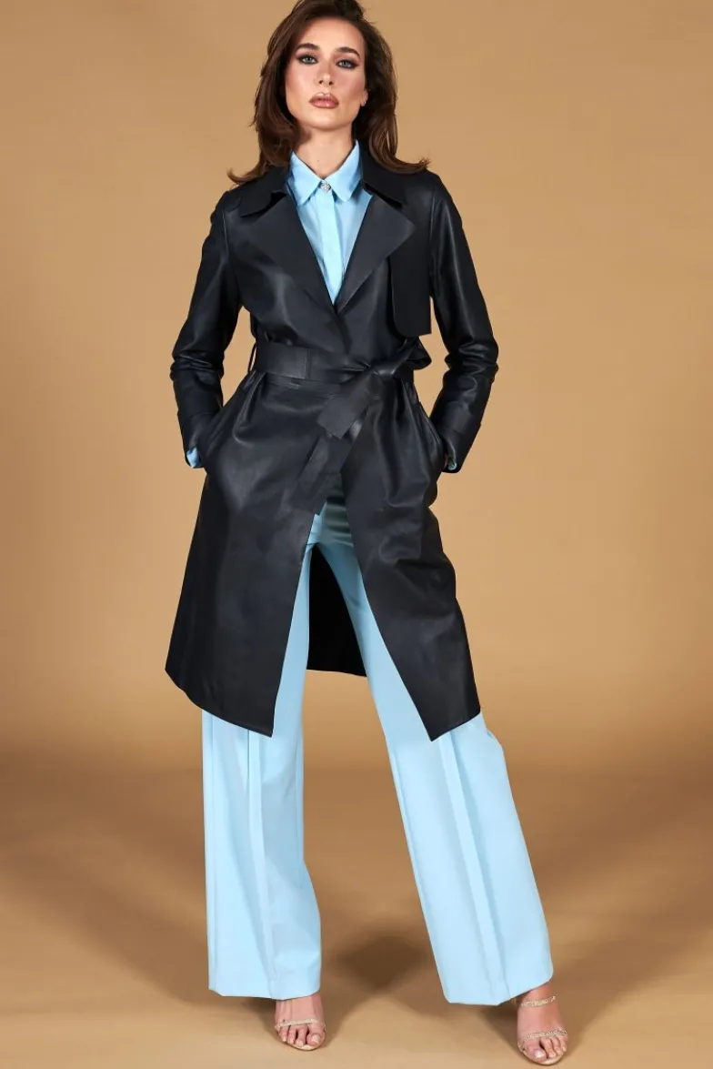 Donna D'Arienzo Sienna - Cappotto in pelle blu scuro nappa effetto liscio con cintura