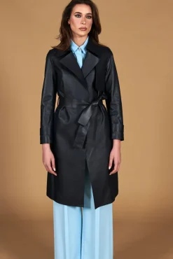 Donna D'Arienzo Sienna - Cappotto in pelle blu scuro nappa effetto liscio con cintura
