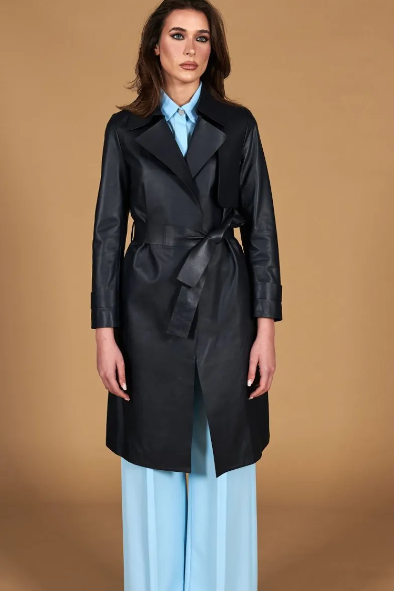 Donna D'Arienzo Sienna - Cappotto in pelle blu scuro nappa effetto liscio con cintura