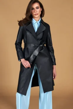 Donna D'Arienzo Sienna - Cappotto in pelle blu scuro nappa effetto liscio con cintura