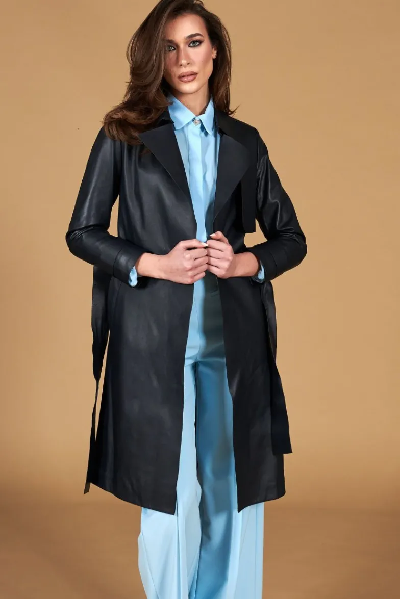 Donna D'Arienzo Sienna - Cappotto in pelle blu scuro nappa effetto liscio con cintura