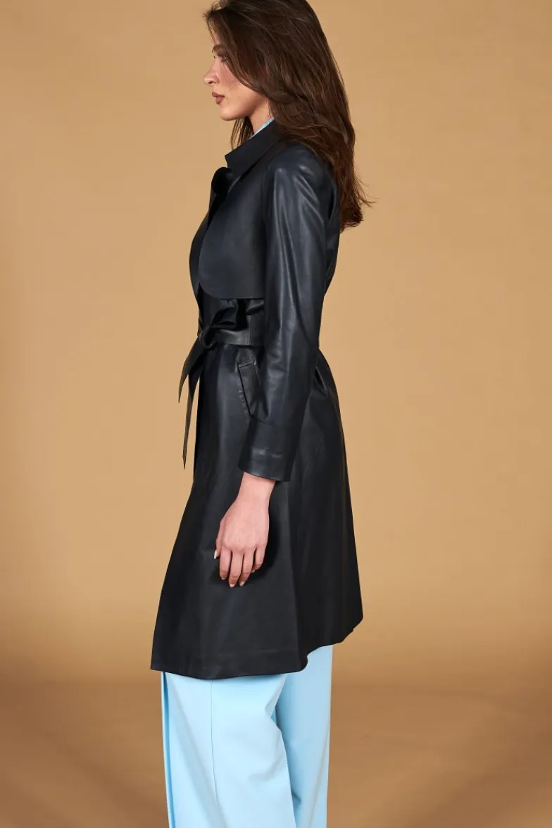 Donna D'Arienzo Sienna - Cappotto in pelle blu scuro nappa effetto liscio con cintura