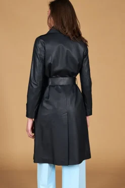Donna D'Arienzo Sienna - Cappotto in pelle blu scuro nappa effetto liscio con cintura