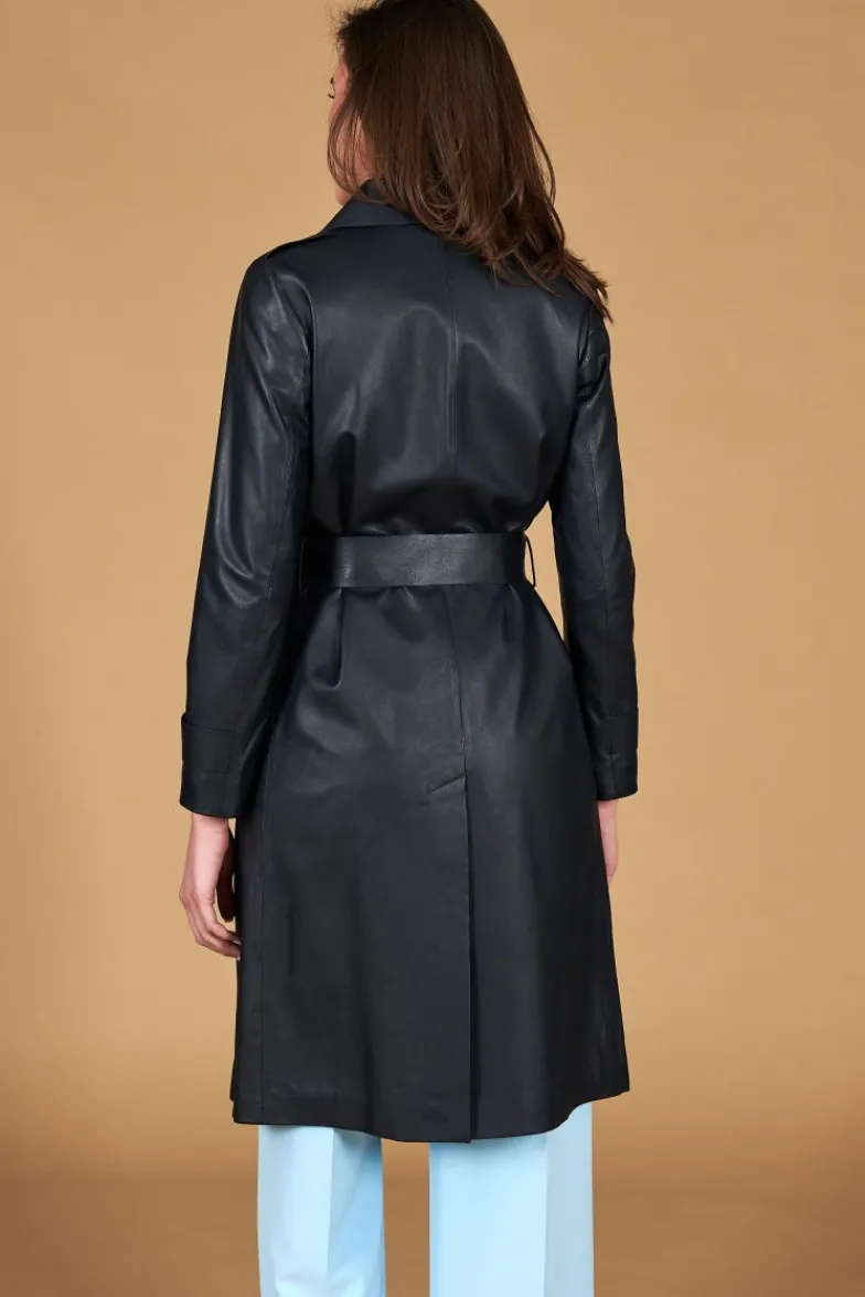Donna D'Arienzo Sienna - Cappotto in pelle blu scuro nappa effetto liscio con cintura