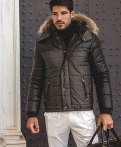 Uomo D'Arienzo Sky - Piumino in pelle testa di moro e tessuto verde cappuccio bordo pelliccia