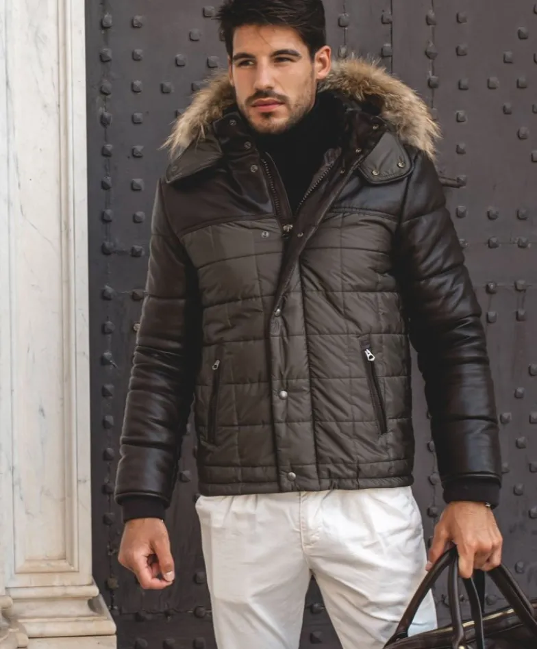 Uomo D'Arienzo Sky - Piumino in pelle testa di moro e tessuto verde cappuccio bordo pelliccia