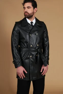 Uomo D'Arienzo Spinel - Cappotto in pelle nappa nera doppio petto con cintura