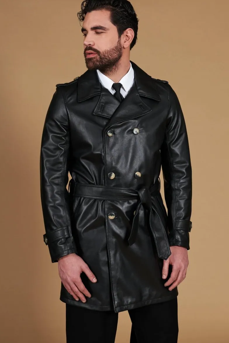 Uomo D'Arienzo Spinel - Cappotto in pelle nappa nera doppio petto con cintura
