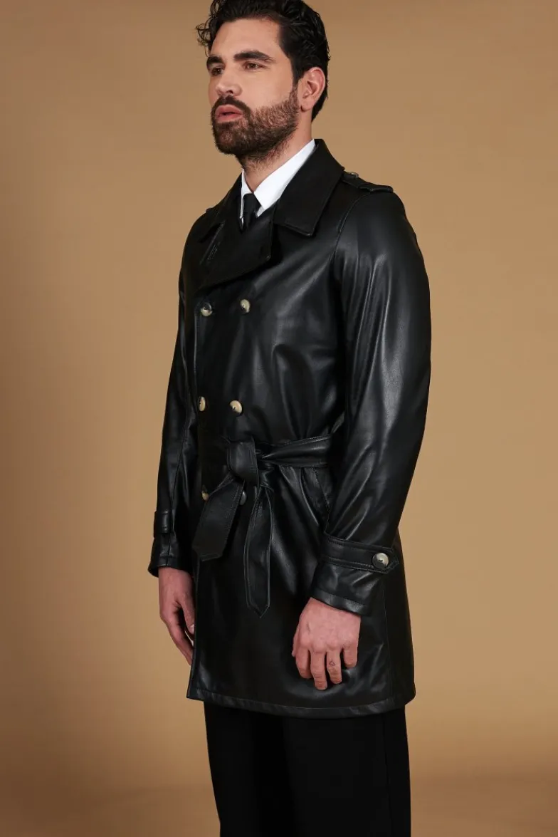 Uomo D'Arienzo Spinel - Cappotto in pelle nappa nera doppio petto con cintura