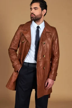 Uomo D'Arienzo Spinel - Cappotto in pelle vintage color cuoio doppio petto con cintura