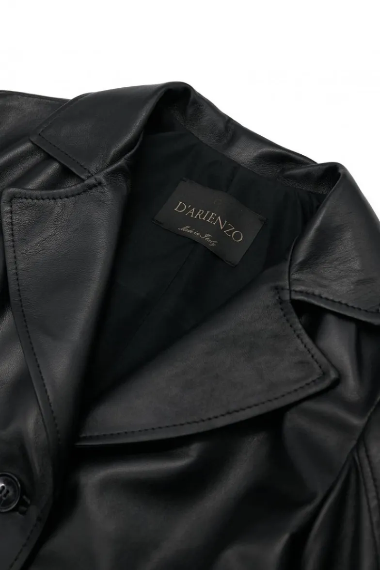 Donna D'Arienzo Stefany - Cappotto in pelle nera con cintura nappa effetto liscio