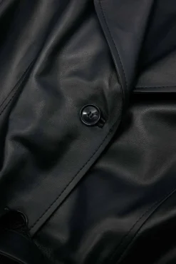 Donna D'Arienzo Stefany - Cappotto in pelle nera con cintura nappa effetto liscio