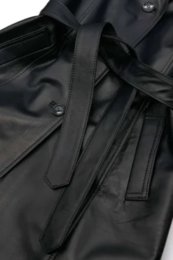 Donna D'Arienzo Stefany - Cappotto in pelle nera con cintura nappa effetto liscio