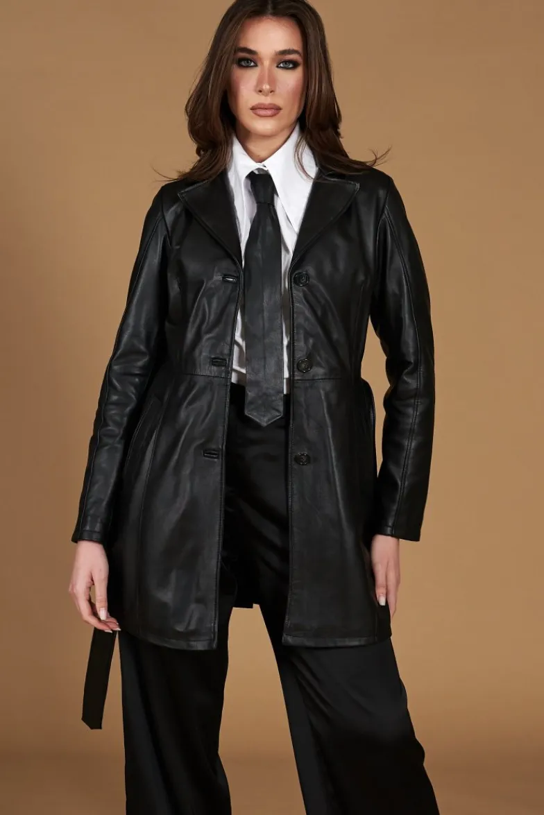 Donna D'Arienzo Stefany - Cappotto in pelle nera con cintura nappa effetto liscio