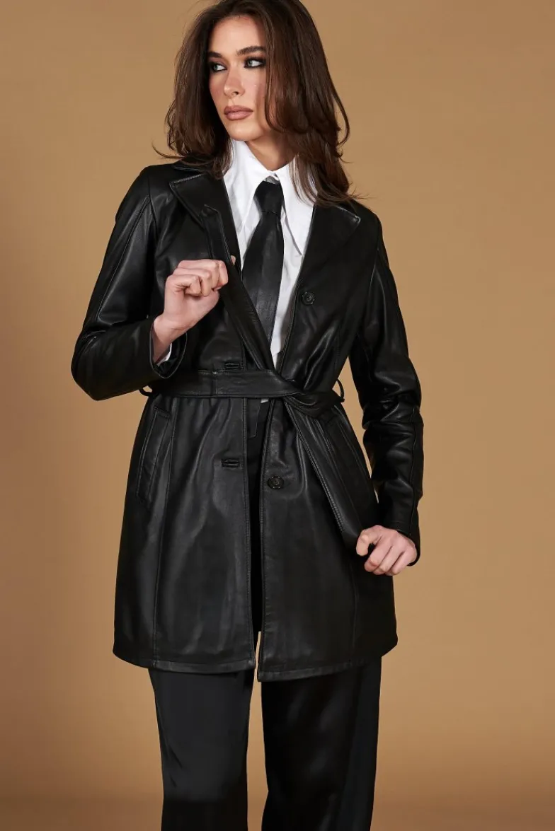 Donna D'Arienzo Stefany - Cappotto in pelle nera con cintura nappa effetto liscio
