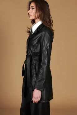 Donna D'Arienzo Stefany - Cappotto in pelle nera con cintura nappa effetto liscio