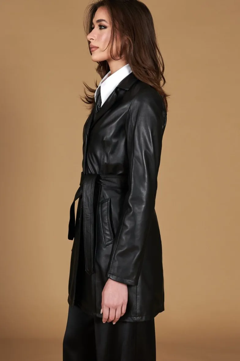 Donna D'Arienzo Stefany - Cappotto in pelle nera con cintura nappa effetto liscio