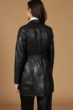 Donna D'Arienzo Stefany - Cappotto in pelle nera con cintura nappa effetto liscio