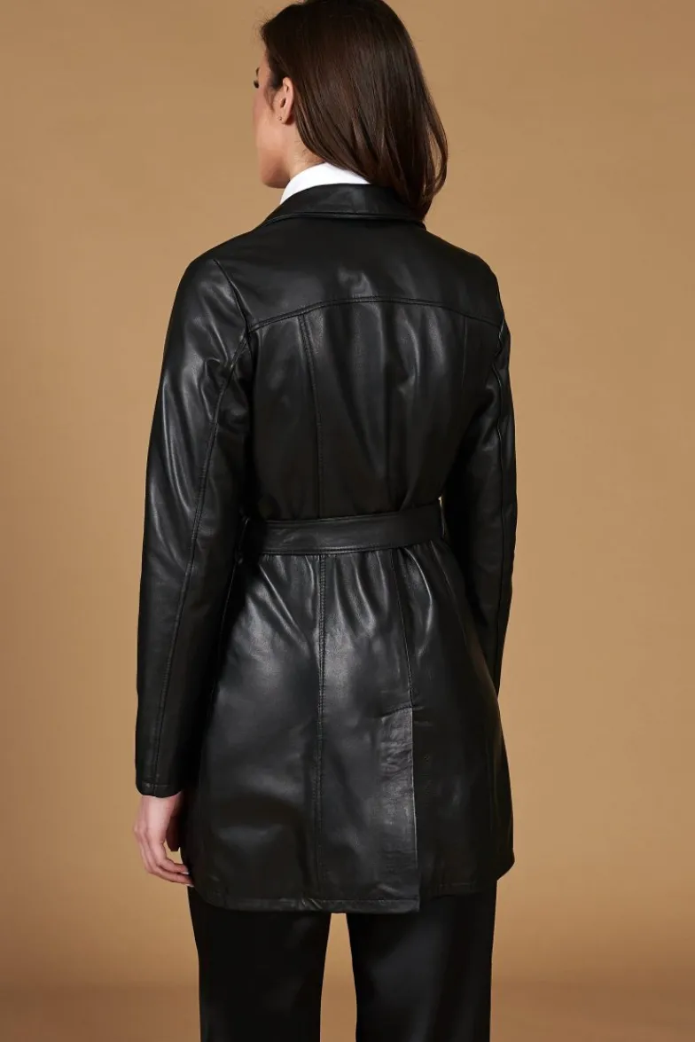 Donna D'Arienzo Stefany - Cappotto in pelle nera con cintura nappa effetto liscio
