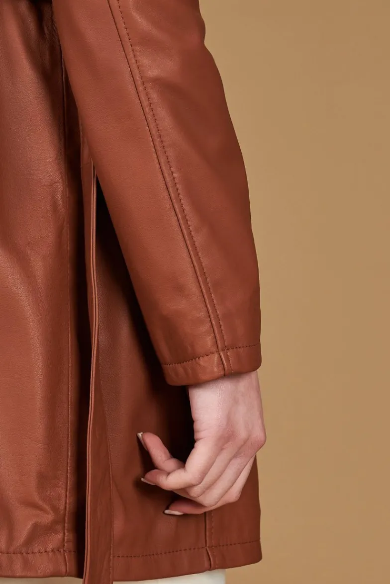 Donna D'Arienzo Stefany - Cappotto in pelle cuoio con cintura nappa effetto liscio