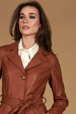 Donna D'Arienzo Stefany - Cappotto in pelle cuoio con cintura nappa effetto liscio