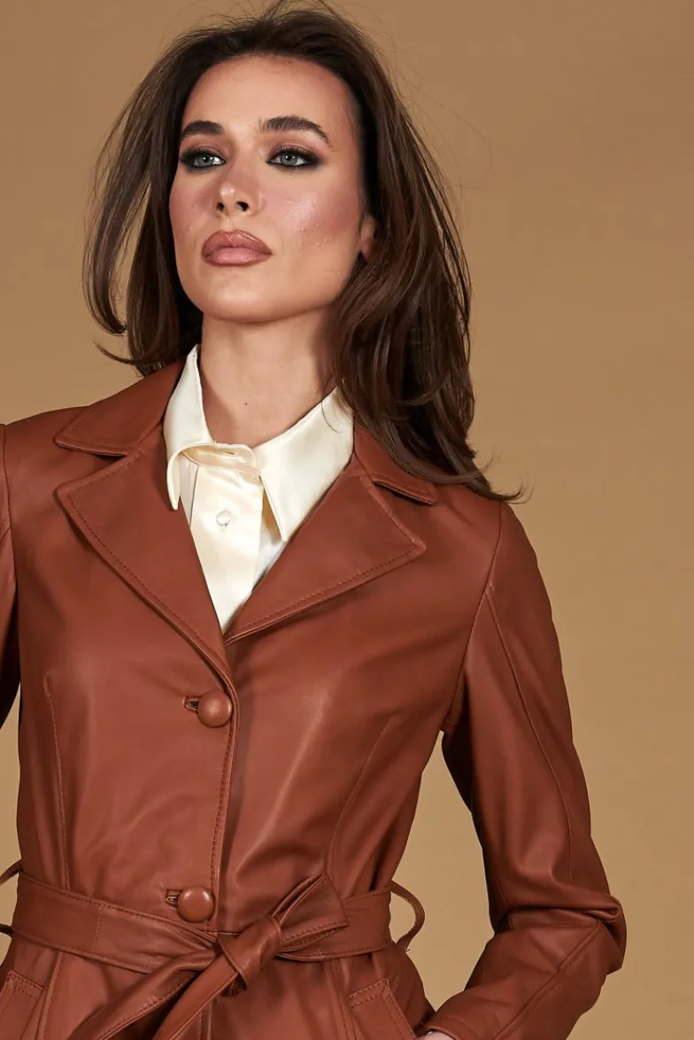 Donna D'Arienzo Stefany - Cappotto in pelle cuoio con cintura nappa effetto liscio