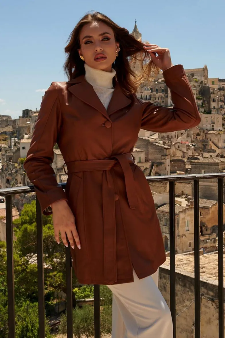 Donna D'Arienzo Stefany - Cappotto in pelle cuoio con cintura nappa effetto liscio