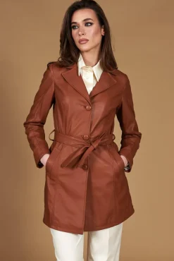 Donna D'Arienzo Stefany - Cappotto in pelle cuoio con cintura nappa effetto liscio
