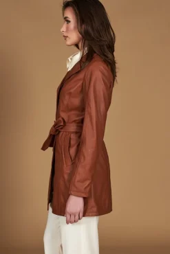 Donna D'Arienzo Stefany - Cappotto in pelle cuoio con cintura nappa effetto liscio