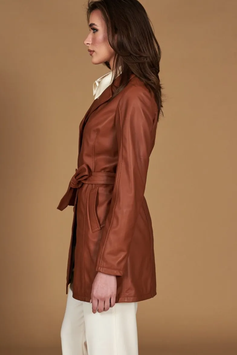 Donna D'Arienzo Stefany - Cappotto in pelle cuoio con cintura nappa effetto liscio