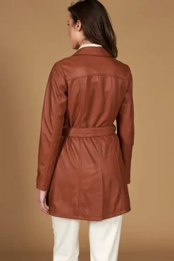 Donna D'Arienzo Stefany - Cappotto in pelle cuoio con cintura nappa effetto liscio