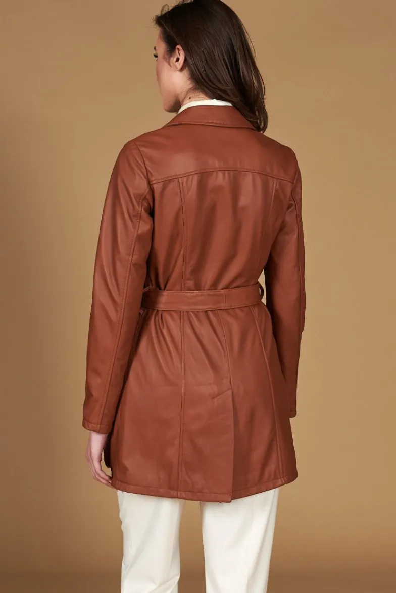 Donna D'Arienzo Stefany - Cappotto in pelle cuoio con cintura nappa effetto liscio