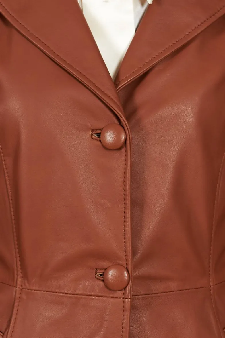 Donna D'Arienzo Stefany - Cappotto in pelle cuoio con cintura nappa effetto liscio