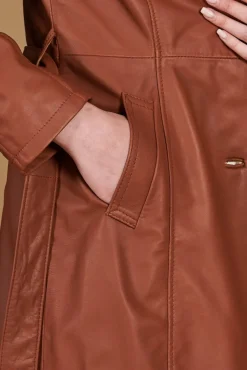 Donna D'Arienzo Stefany - Cappotto in pelle cuoio con cintura nappa effetto liscio