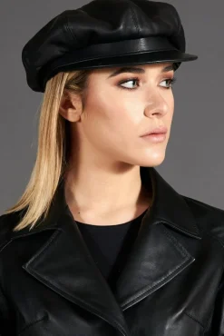 Donna D'Arienzo Taormina - Cappello da donna in pelle nera stile berretto francese