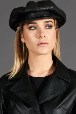 Donna D'Arienzo Taormina - Cappello da donna in pelle nera stile berretto francese