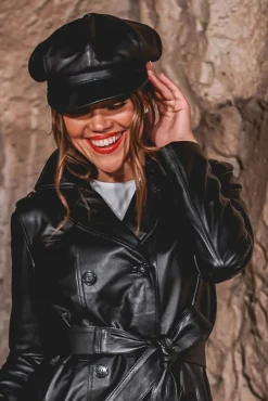 Donna D'Arienzo Taormina - Cappello da donna in pelle nera stile berretto francese