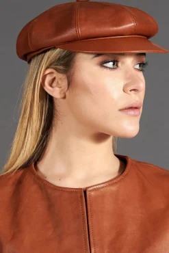 Donna D'Arienzo Taormina - Cappello da donna in pelle tabacco stile berretto francese