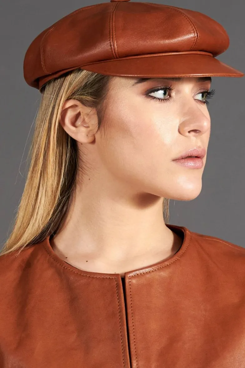 Donna D'Arienzo Taormina - Cappello da donna in pelle tabacco stile berretto francese