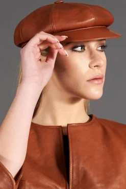 Donna D'Arienzo Taormina - Cappello da donna in pelle tabacco stile berretto francese