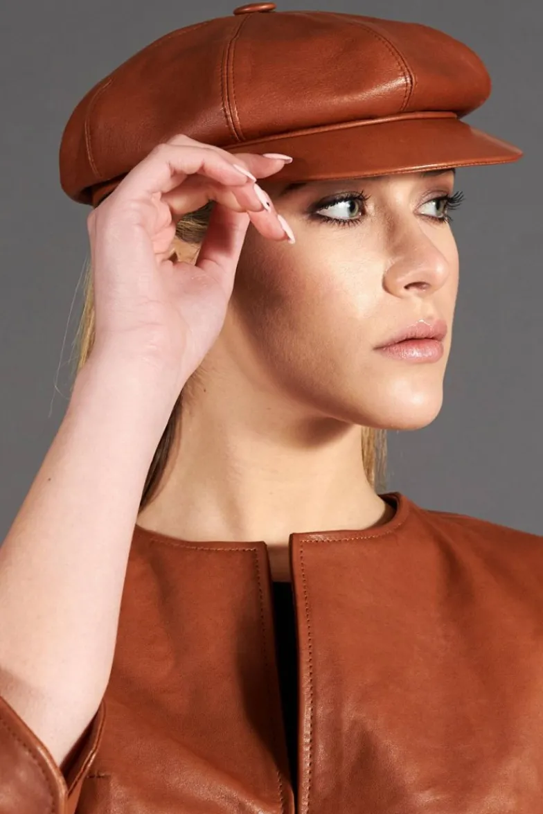 Donna D'Arienzo Taormina - Cappello da donna in pelle tabacco stile berretto francese