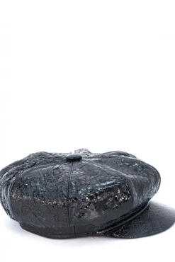 Donna D'Arienzo Taormina - Cappello da donna in pelle nera effetto laminato berretto francese