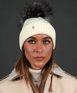 Donna D'Arienzo Taylor - Cappello in lana panna con pompon in pelliccia nero panna