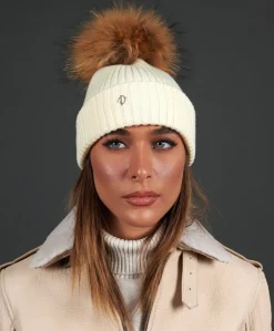 Donna D'Arienzo Taylor - Cappello in lana panna con pompon in pelliccia colore naturale