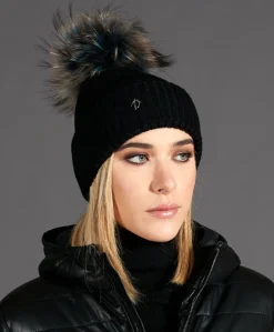 Donna D'Arienzo Taylor - Cappello in lana nera con pompon in pelliccia multicolor